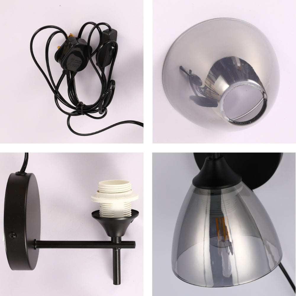 Modern Plug-In Wall Light with Smoky Glass Shade 7