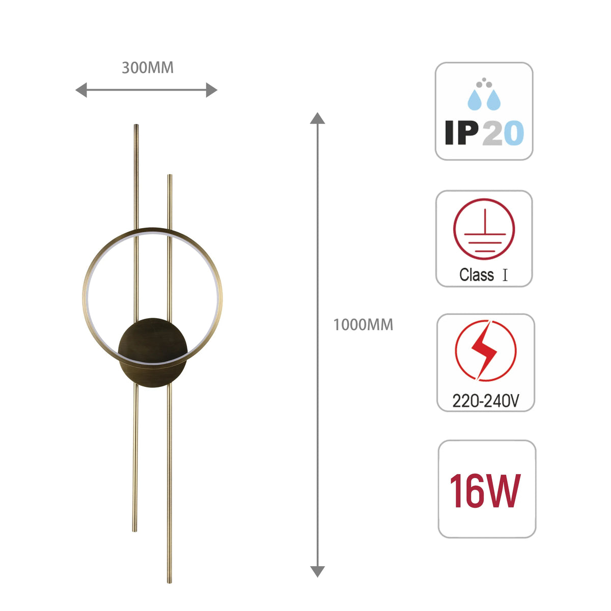 Modern LED wall light with circular design, showcasing dimensions and tech specs like IP20 rating and 16W power.