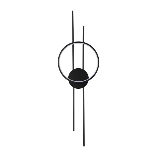 Modern wall light with a black stem, circle, and disc design. The circle is illuminated with a white light for a stylish finish.