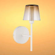 Stylish wall light with a translucent brown shade and white fixture, casting a soft, ambient glow.