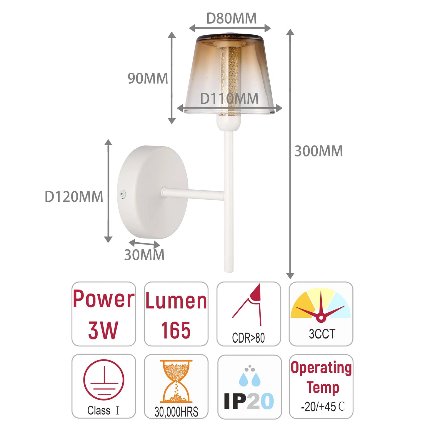 A contemporary wall light. The fitting has a tan shade and white detailing. It has a class I energy rating and a 3W power output.