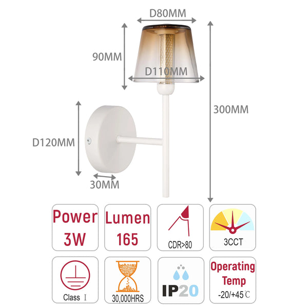 A contemporary wall light. The fitting has a tan shade and white detailing. It has a class I energy rating and a 3W power output.