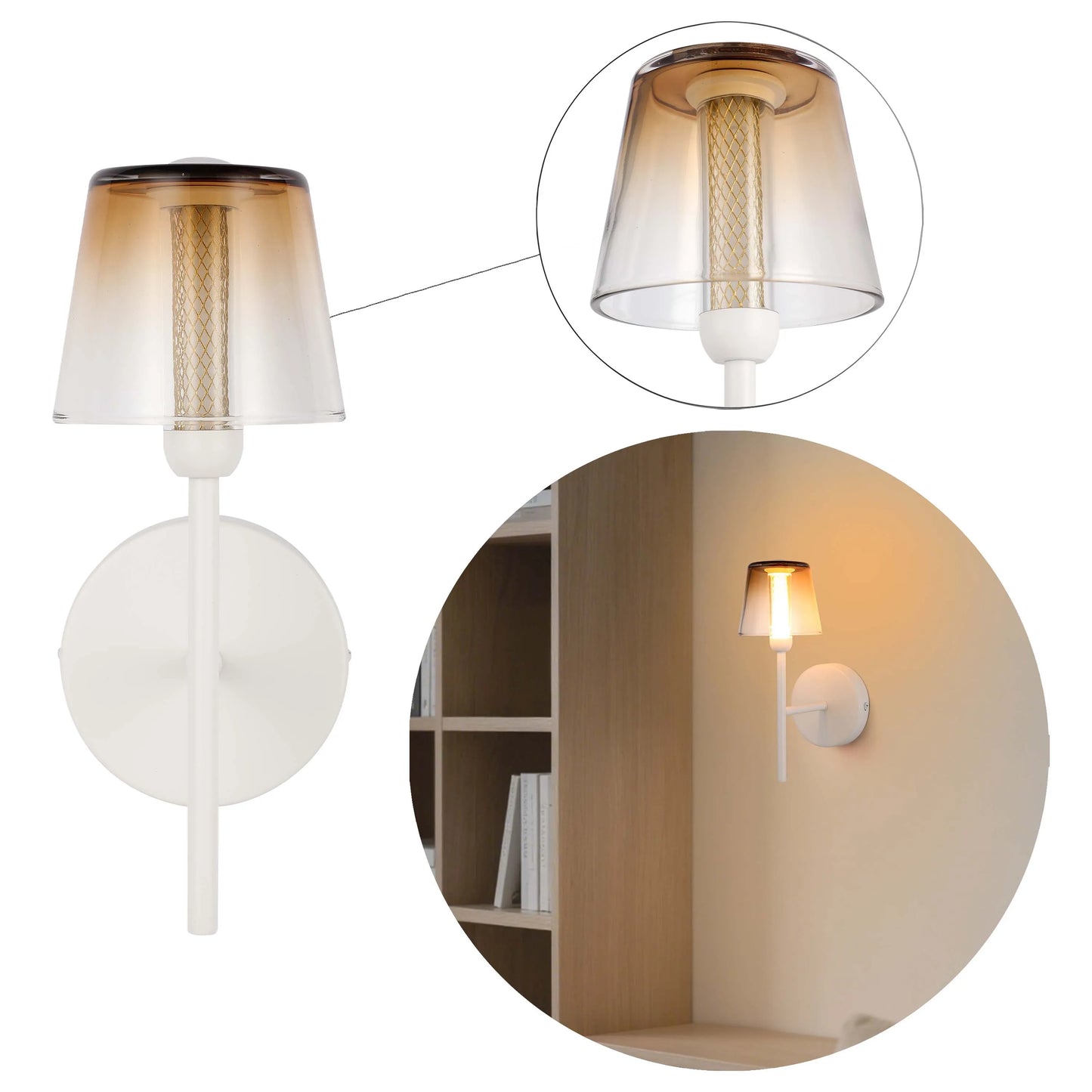 A modern wall lamp with an amber glass shade and white mount, offering a soft, ambient light to illuminate the room.