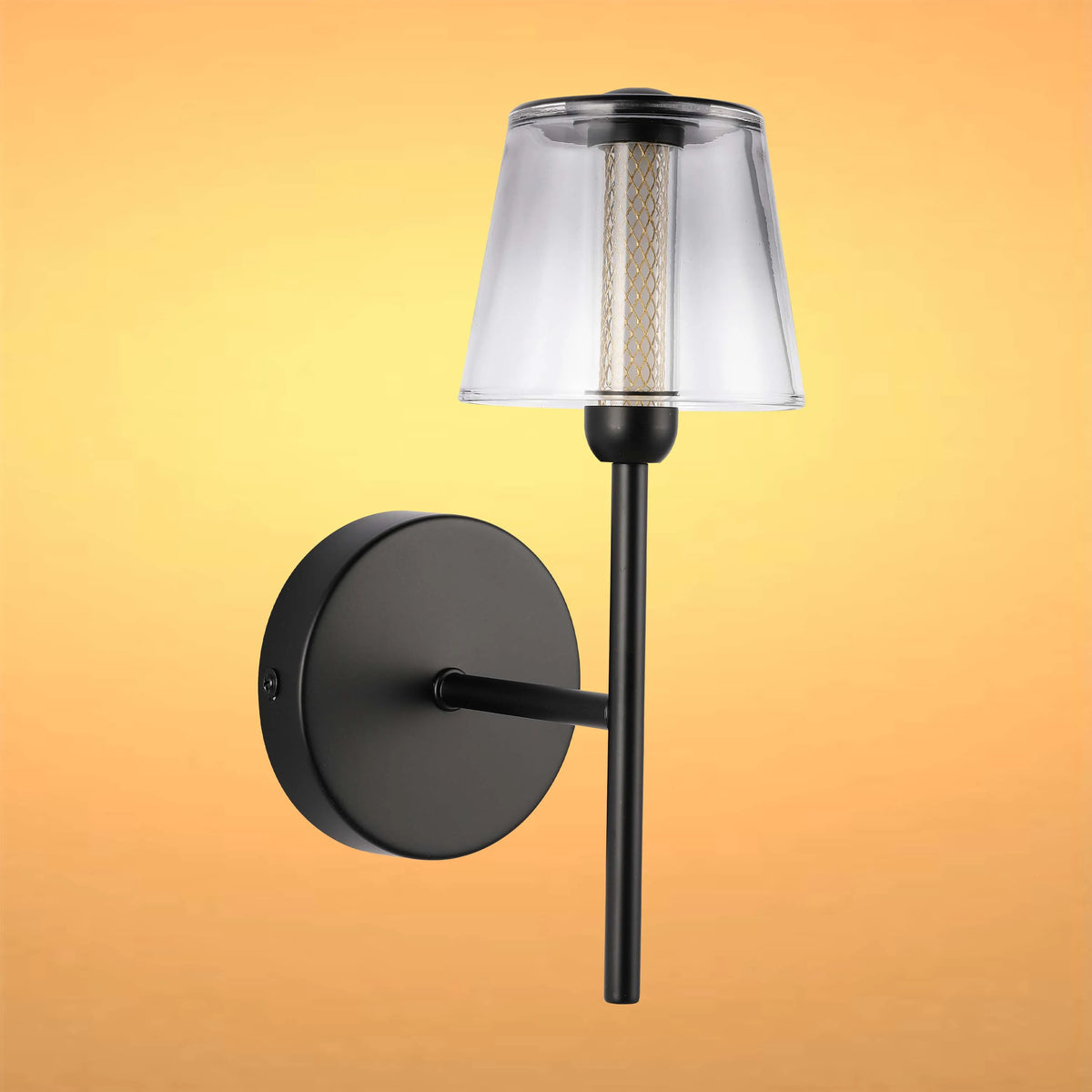 A stylish, matte black wall light with a clear shade, providing a warm and inviting glow. Modern elegance for any room.