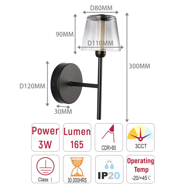 Contemporary wall light in black with a transparent glass shade. Dimensions are clearly labelled with millimetre measurements.