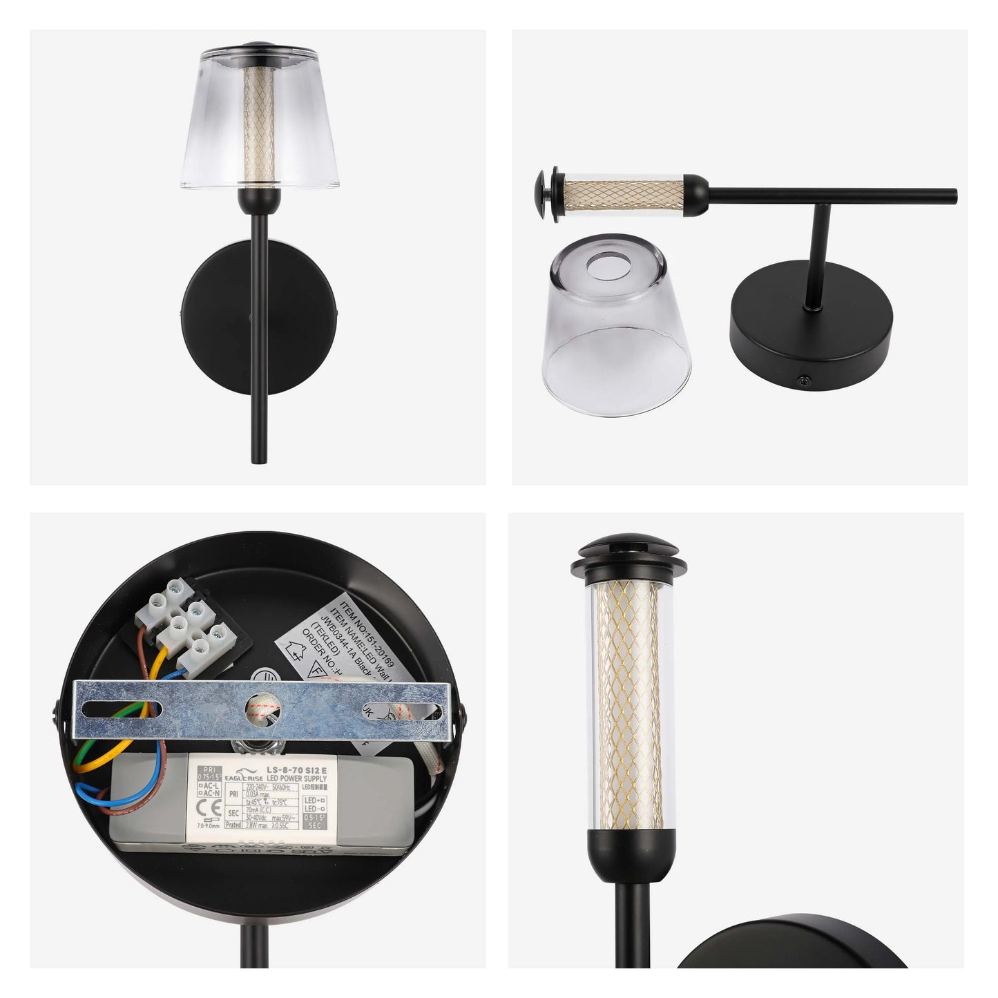 Sleek black wall sconce with a clear shade, showcasing a textured gold-toned inner core. Modern design with elegant lighting.