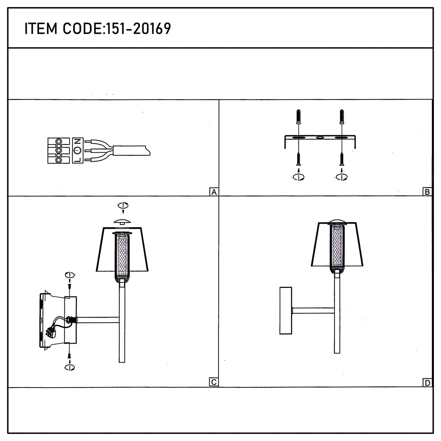 Assembly instructions for a wall sconce. Shows wiring, fixture mount and final product.