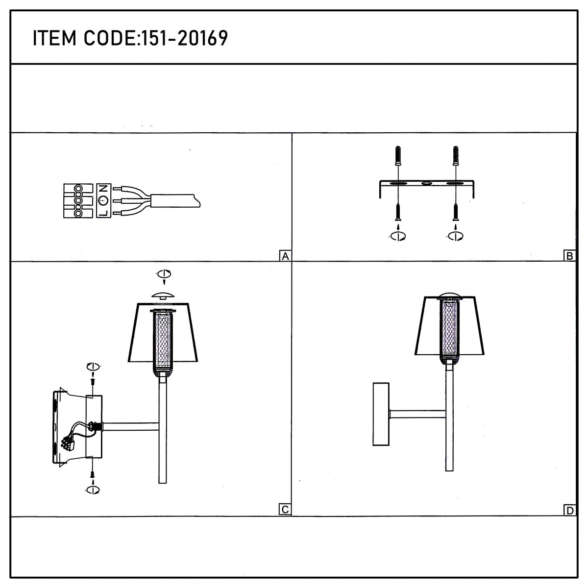 Assembly instructions for a wall sconce. Shows wiring, fixture mount and final product.