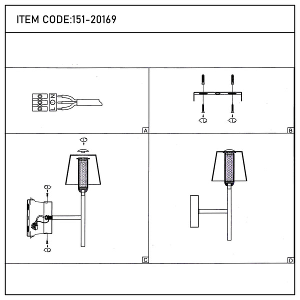 Assembly instructions for a wall sconce. Shows wiring, fixture mount and final product.