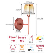 Modern copper wall light with gold shade, featuring dimensions and specifications: 3W power, 165 lumens, and operating temperature -20/+45°C.