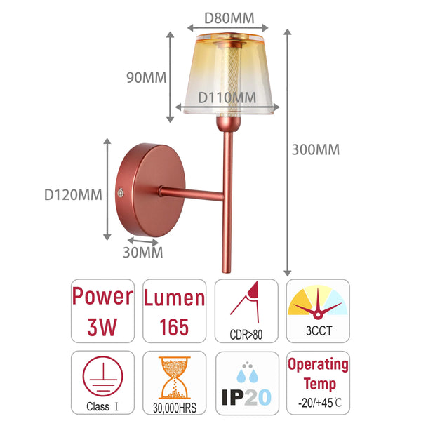 Modern copper wall light with gold shade, featuring dimensions and specifications: 3W power, 165 lumens, and operating temperature -20/+45°C.