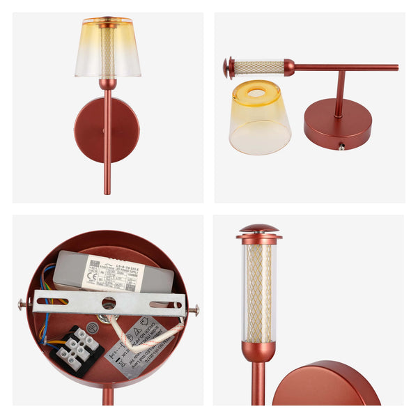 A copper coloured wall light with a decorative gold interior and amber glass shade. Also available as a bar light.