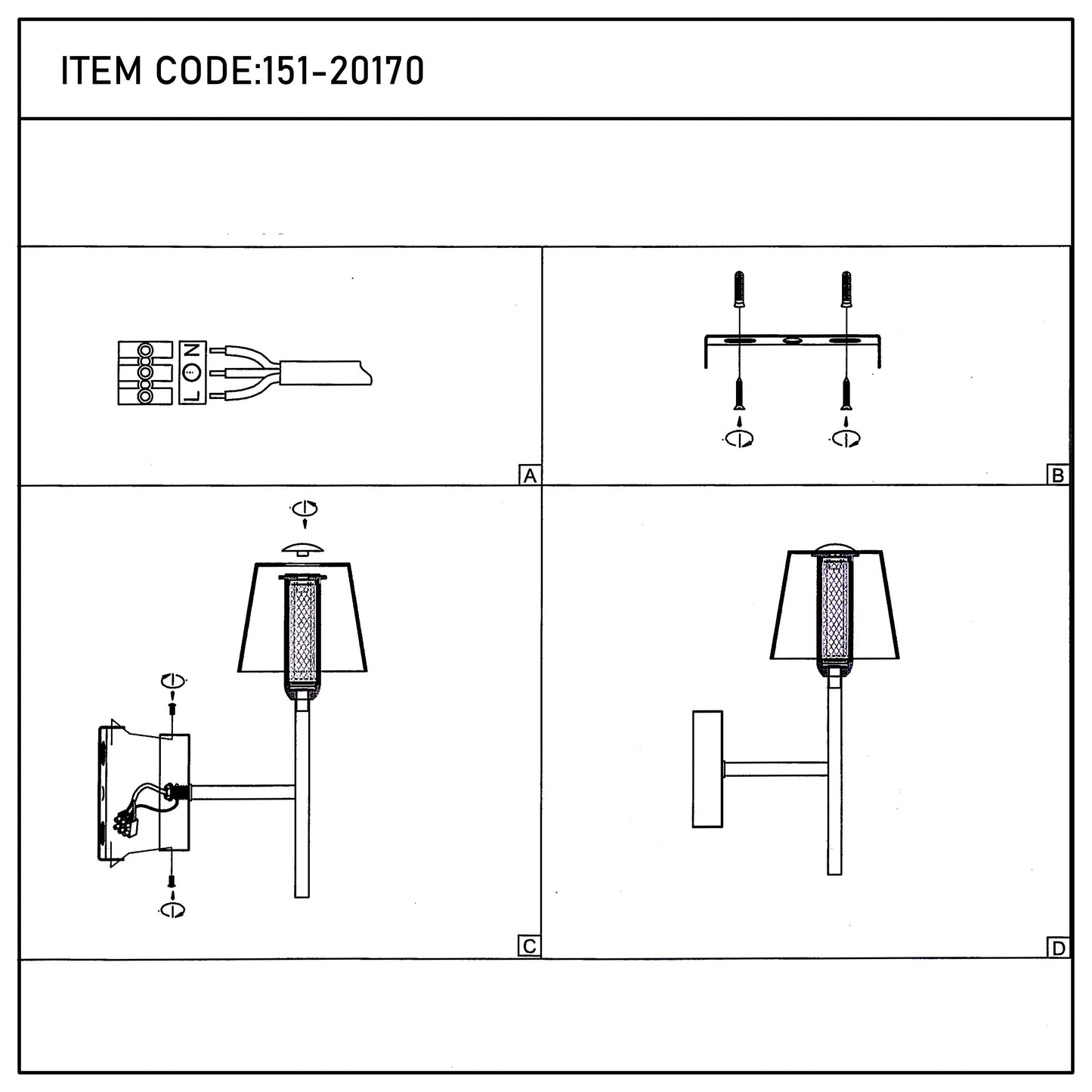 A diagram showing the steps to install a wall lamp, with the final image on the bottom right.