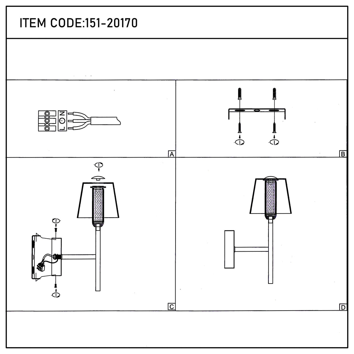 A diagram showing the steps to install a wall lamp, with the final image on the bottom right.