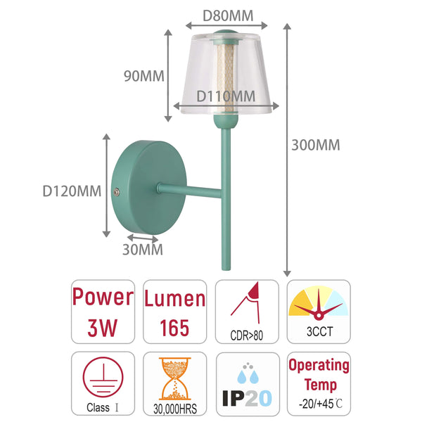 Wall light technical drawing with dimensions, power rating, lumen output, IP rating and operating temperature.