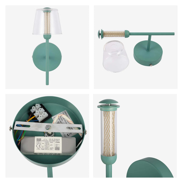 A modern, green wall light with a clear, cylindrical shade featuring a decorative, mesh interior, shown in multiple views.
