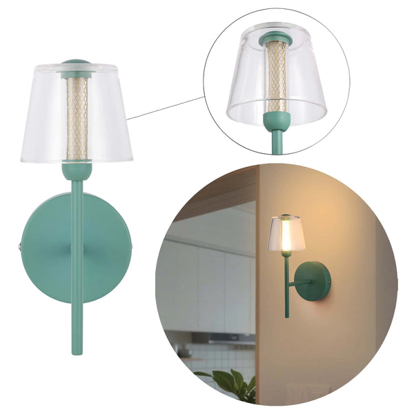 A stylish, teal wall lamp with a clear shade and unique woven column, offering a subtle and modern lighting solution.