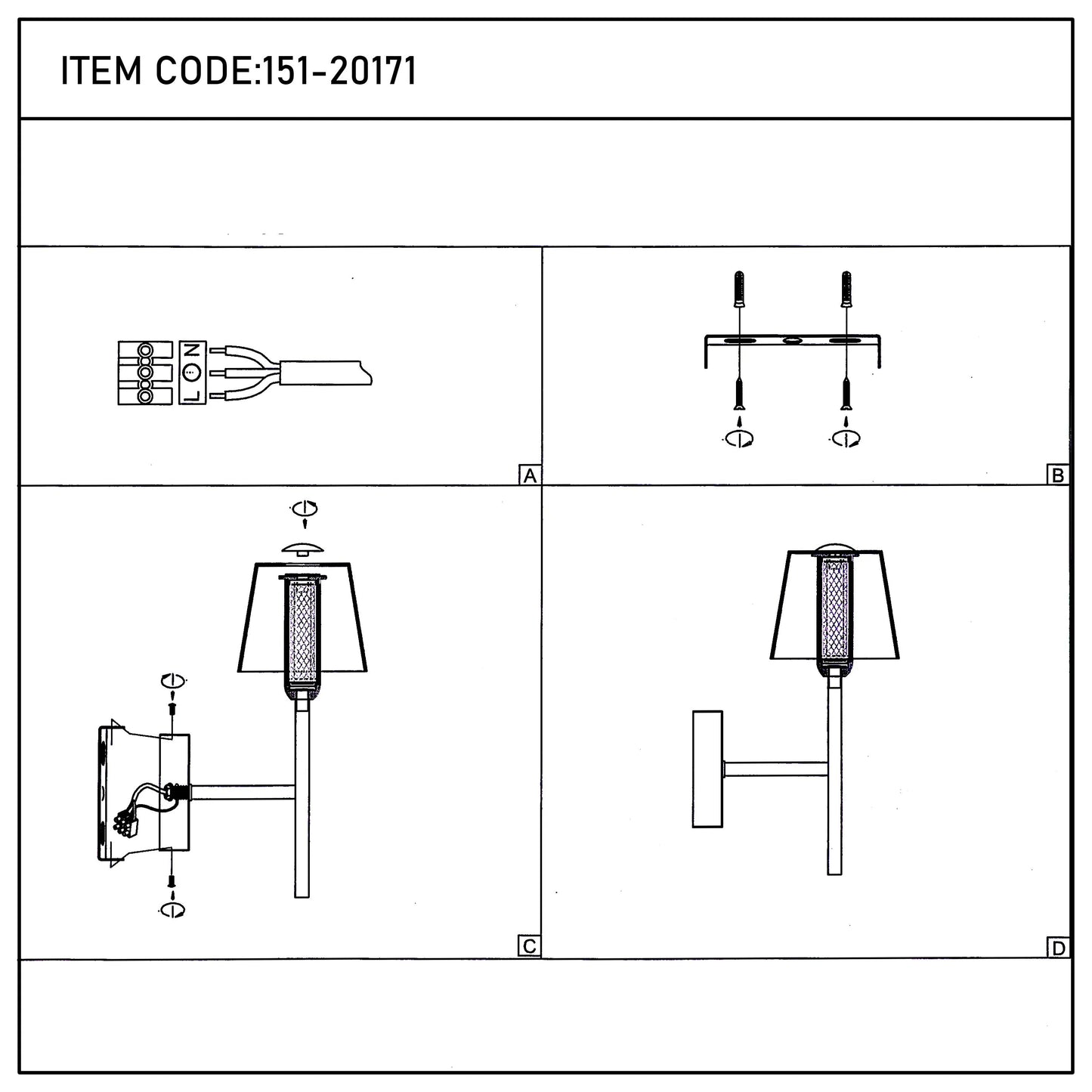 Instructions showing how to install a wall-mounted light fitting, with a lampshade and chrome finish.