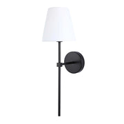 A stylish matt black wall light with a white lampshade. An understated way to illuminate any room.