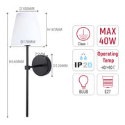 A black and white wall light featuring a fabric shade and cylindrical base, displaying product dimensions and safety information.