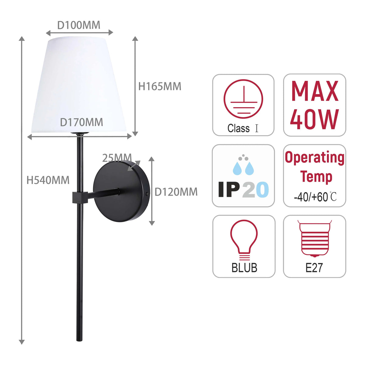 A black and white wall light featuring a fabric shade and cylindrical base, displaying product dimensions and safety information.