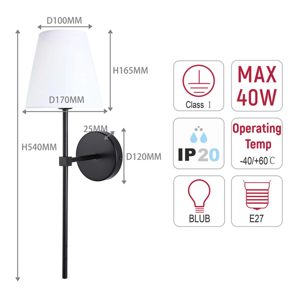 A black and white wall light featuring a fabric shade and cylindrical base, displaying product dimensions and safety information.