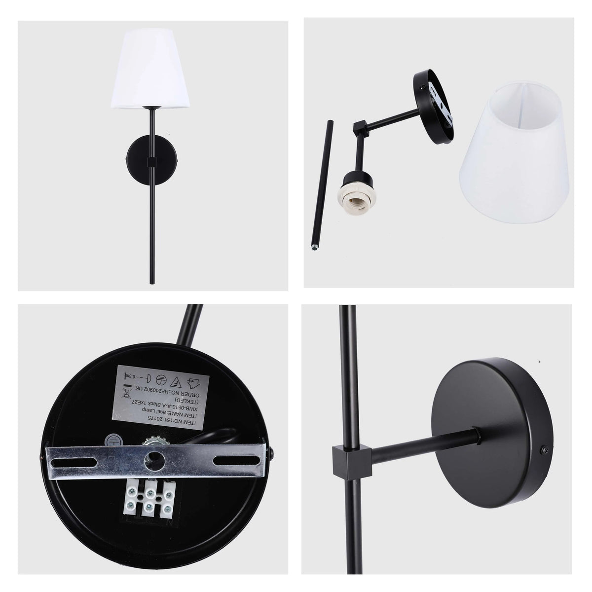 A modern black wall lamp with a white fabric lampshade, featuring a minimalist design and adjustable arm.