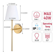 A stylish wall light. Measurements indicate D100mm, H165mm, D170mm, H540mm and D120mm. Bulb is E27. Max 40W.