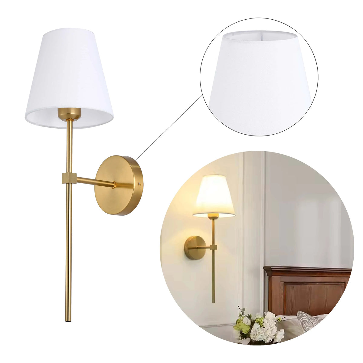 A gold wall light with a white shade is displayed. It has a tall, thin stem and a round backplate for wall mounting.