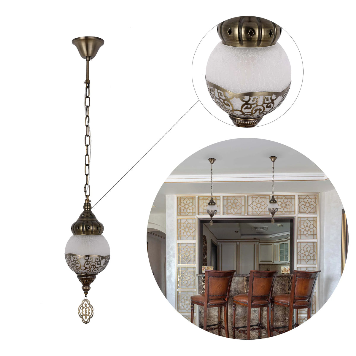 Ornate, globe-shaped hanging lights with antique brass detail. They're part of a dining space design scheme.