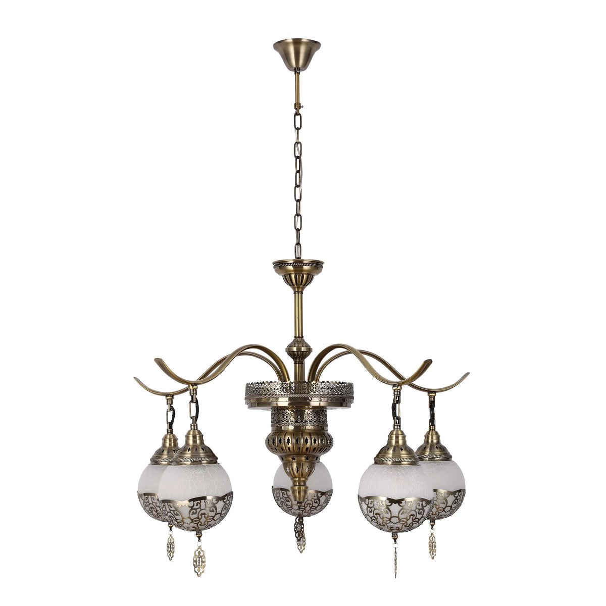 An ornate chandelier with bronze finishings and spherical glass shades.