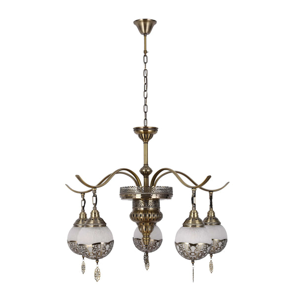 An ornate chandelier with bronze finishings and spherical glass shades.