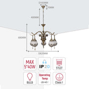 A decorative, multi-bulb chandelier with dimensions listed. It's bronze-toned with ornate shades and fittings.
