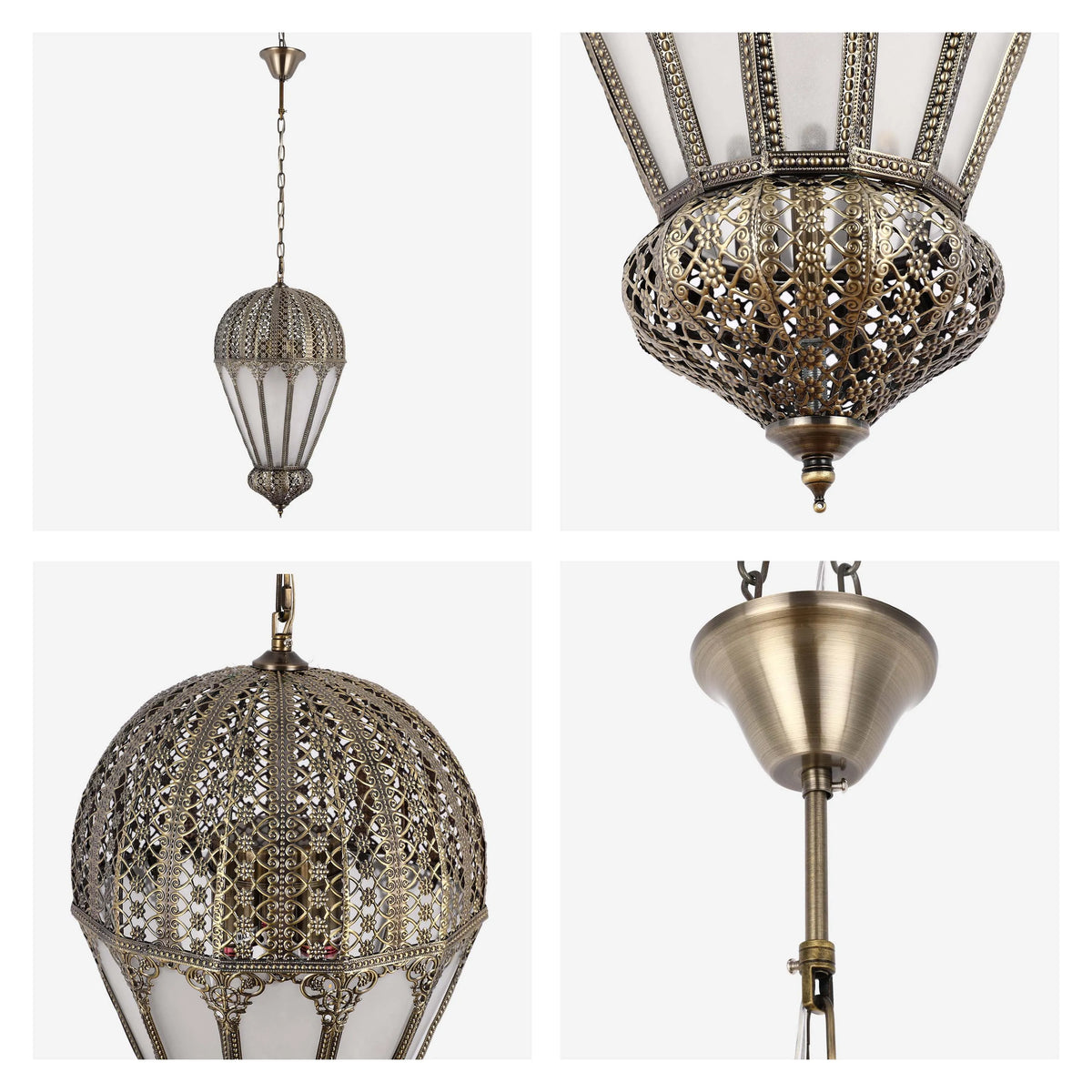 Ornate metal lantern pendant light with frosted glass panes; chain suspension, antique brass finish.