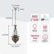Hanging light with gold detail, dimensions displayed, max 2*40W, IP20, bulb, 2*E27, operating temp -20/+45 °C, Class I