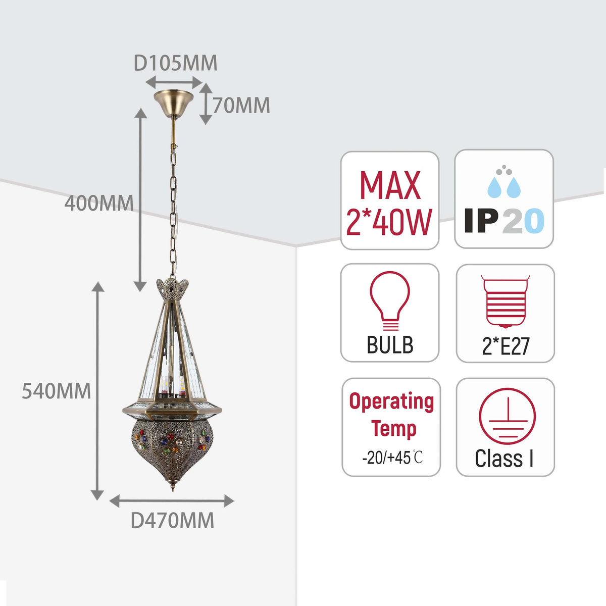 Hanging light with gold detail, dimensions displayed, max 2*40W, IP20, bulb, 2*E27, operating temp -20/+45 °C, Class I