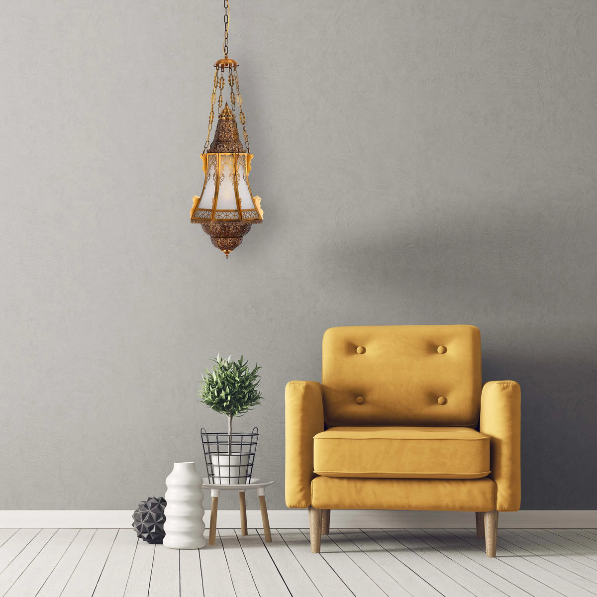 A hanging, ornate, golden lantern casts a soft glow. Natural light highlights the room's textures and the chair's mustard colour.