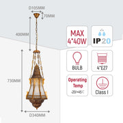 Ornate hanging light fitting with chain. Shows dimensions, power rating and other specifications in diagram form.