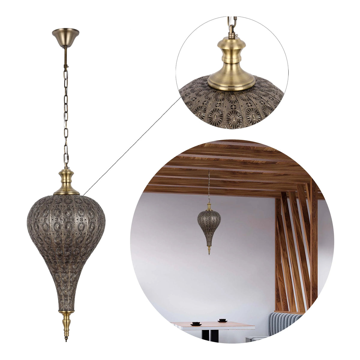 Ornate brass pendant light with intricate detailing, suspended by a chain. A vintage-inspired focal point for stylish interiors.
