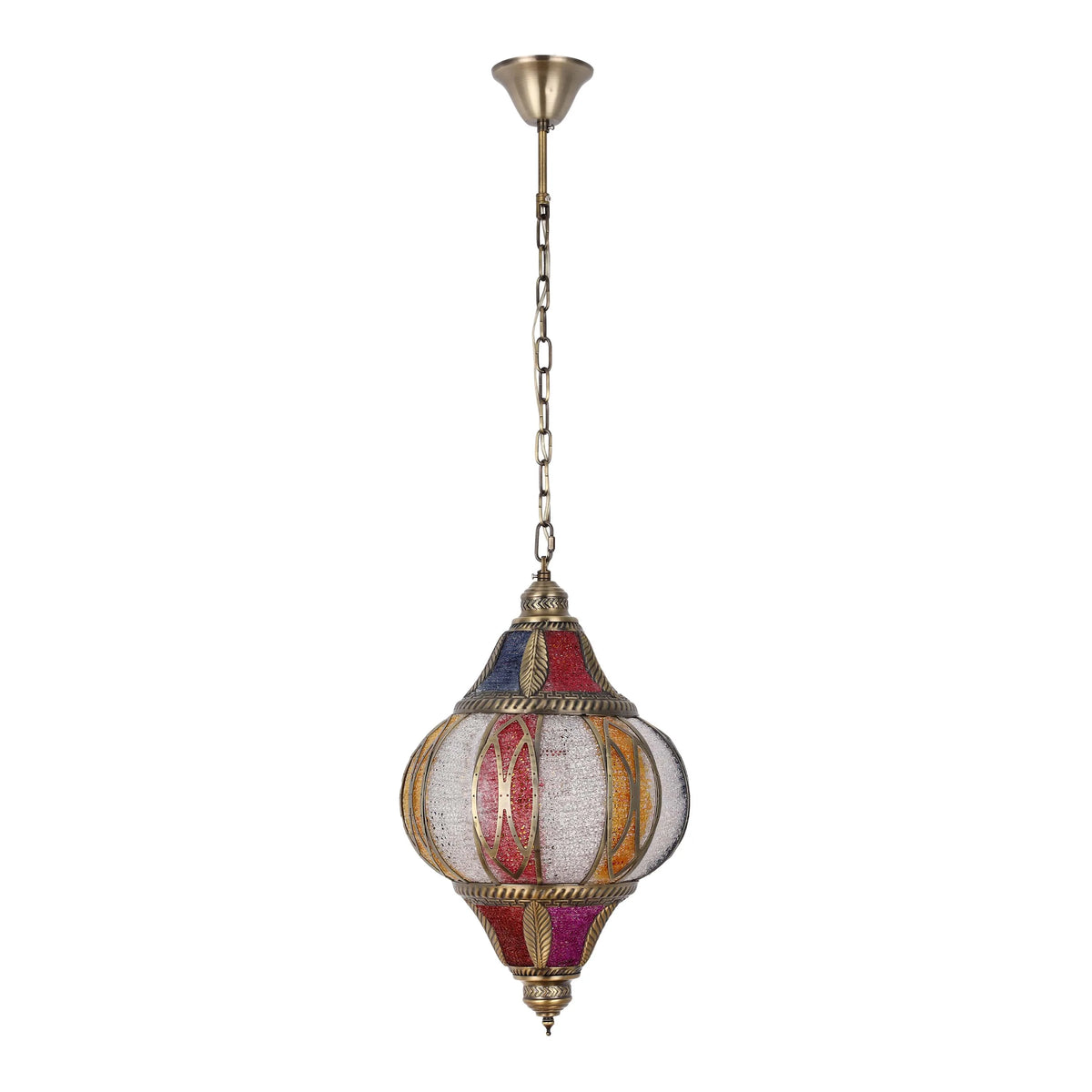 A decorative, colourful glass pendant light hanging on a chain, exuding an exotic, vintage charm.
