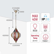 Intricate patterned hanging light fitting dimensions, with 40W max bulb, E27 fitting, and IP20 rating.