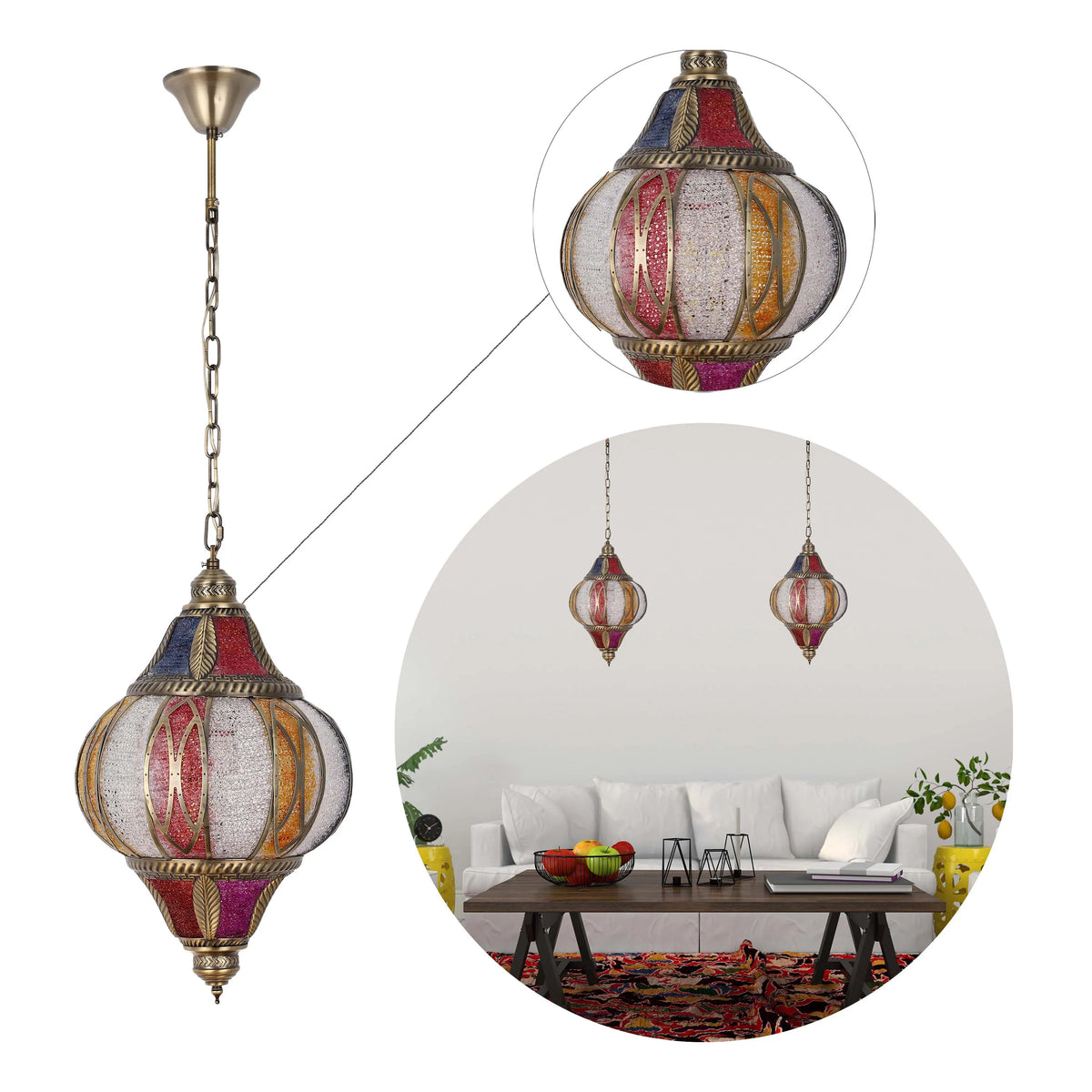 A decorative hanging lamp with colourful glass panels and an antique brass finish, displayed in a living room setting.