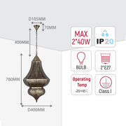Intricate patterned hanging light with dimensions and specifications. Bulb: 2*E27, max 2*40W, class I, IP20. Dimensions: 780x400mm
