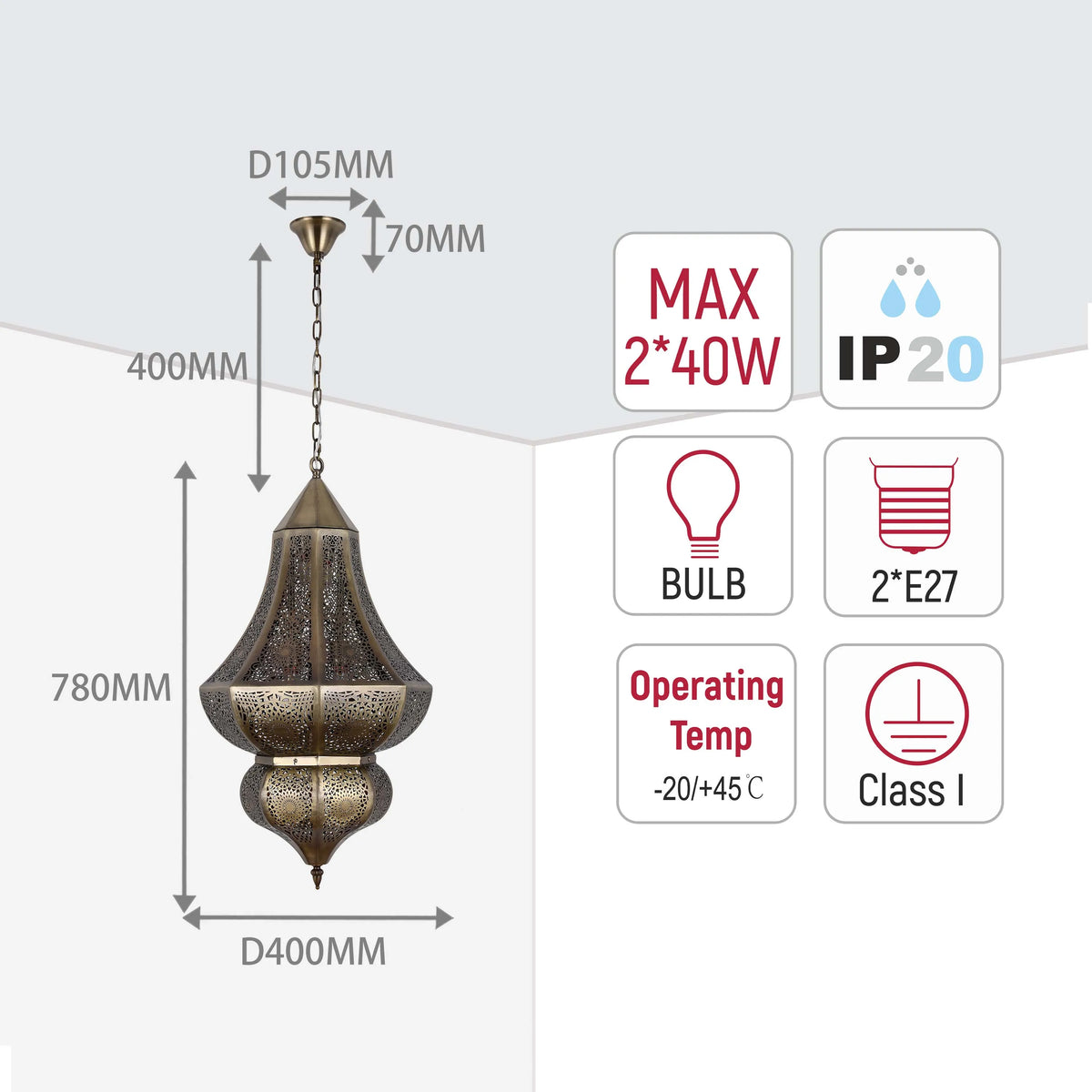 Intricate patterned hanging light with dimensions and specifications. Bulb: 2*E27, max 2*40W, class I, IP20. Dimensions: 780x400mm