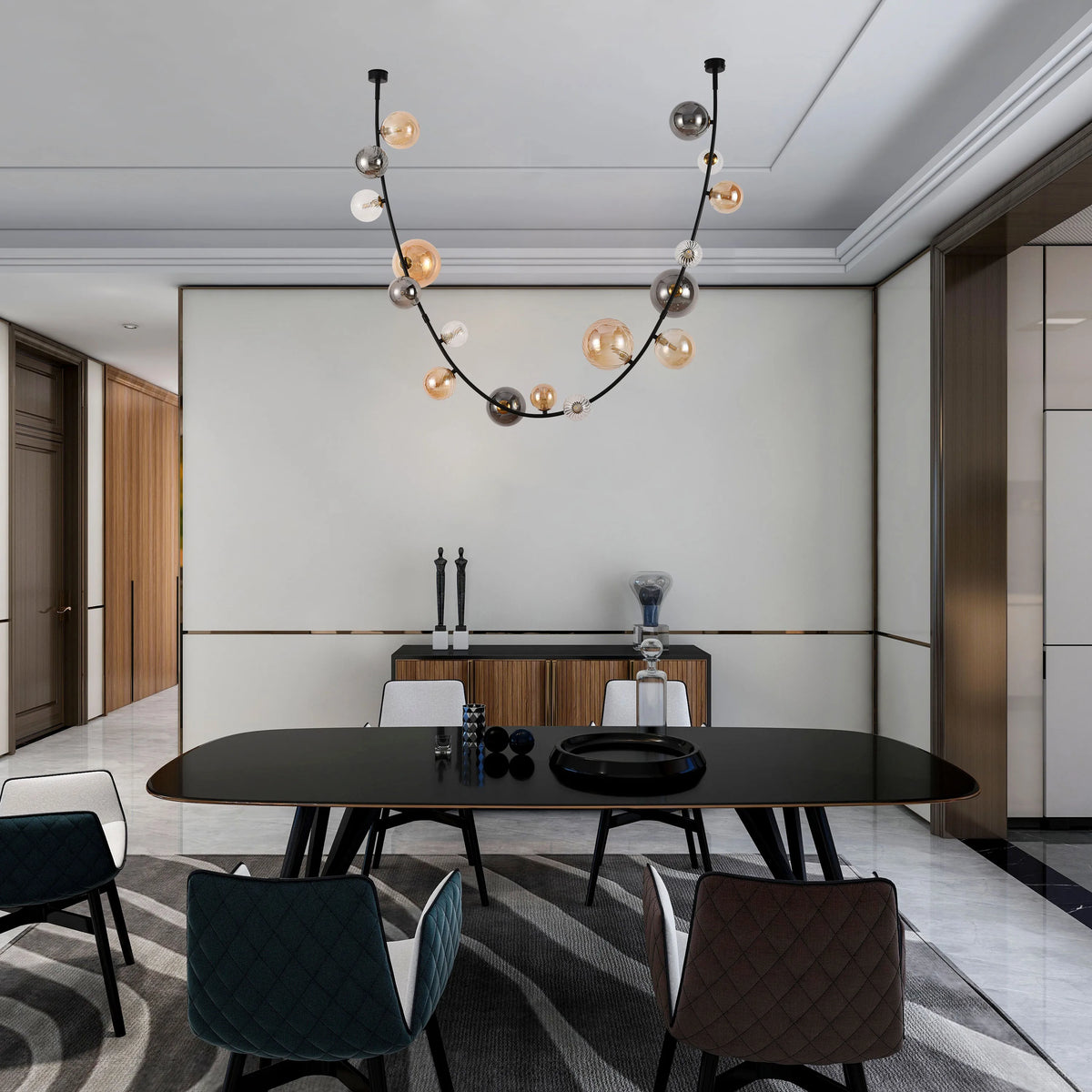 Statement chandelier with a curved black frame and contrasting glass spheres, adding a modern, eye-catching feature to the dining room.