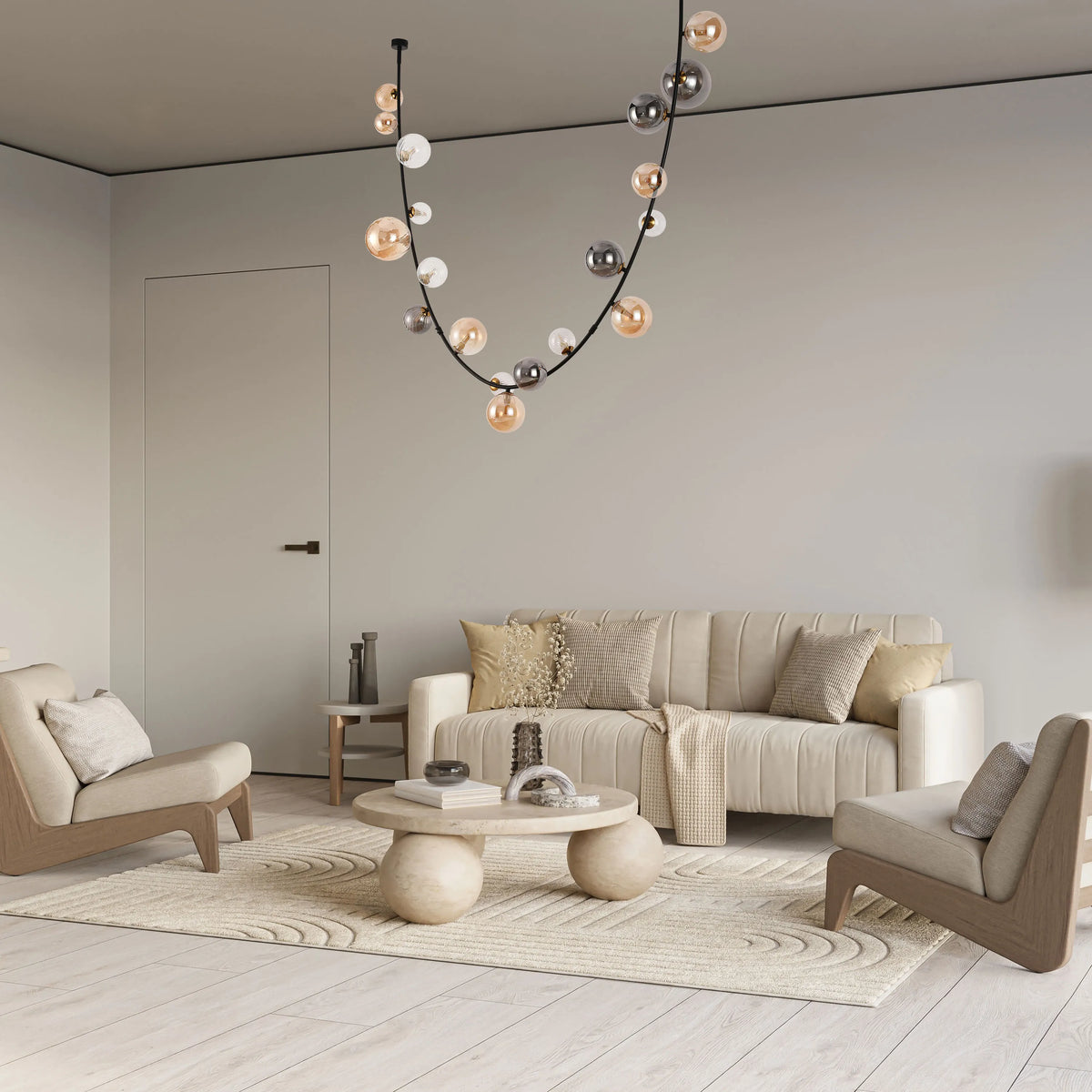 A striking statement ceiling light with black curved arms and spherical glass shades in amber, silver, and white tones.