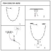 Assembly guide for a festoon light, showing how to connect the lighting and install to a ceiling bracket.