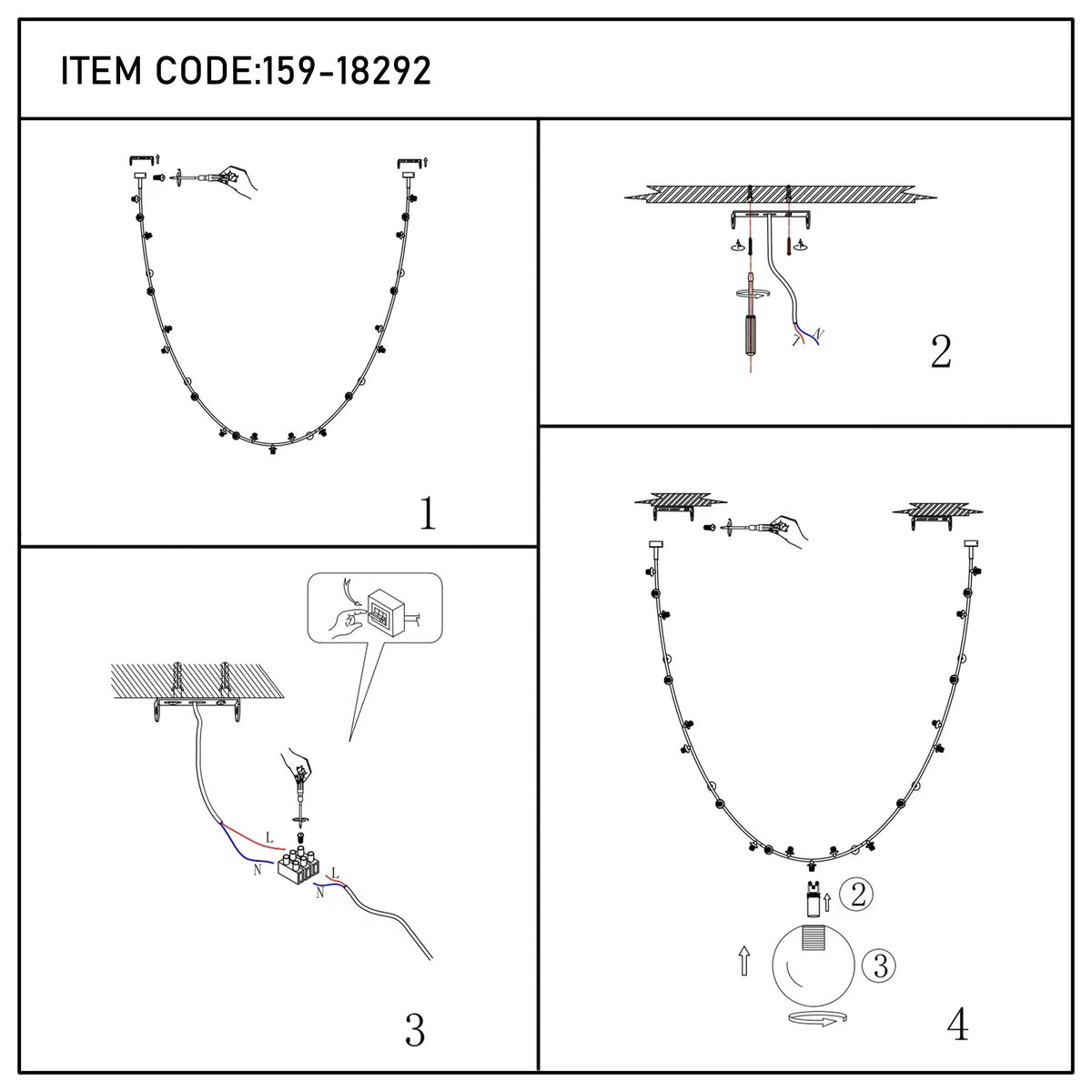 Assembly guide for a festoon light, showing how to connect the lighting and install to a ceiling bracket.