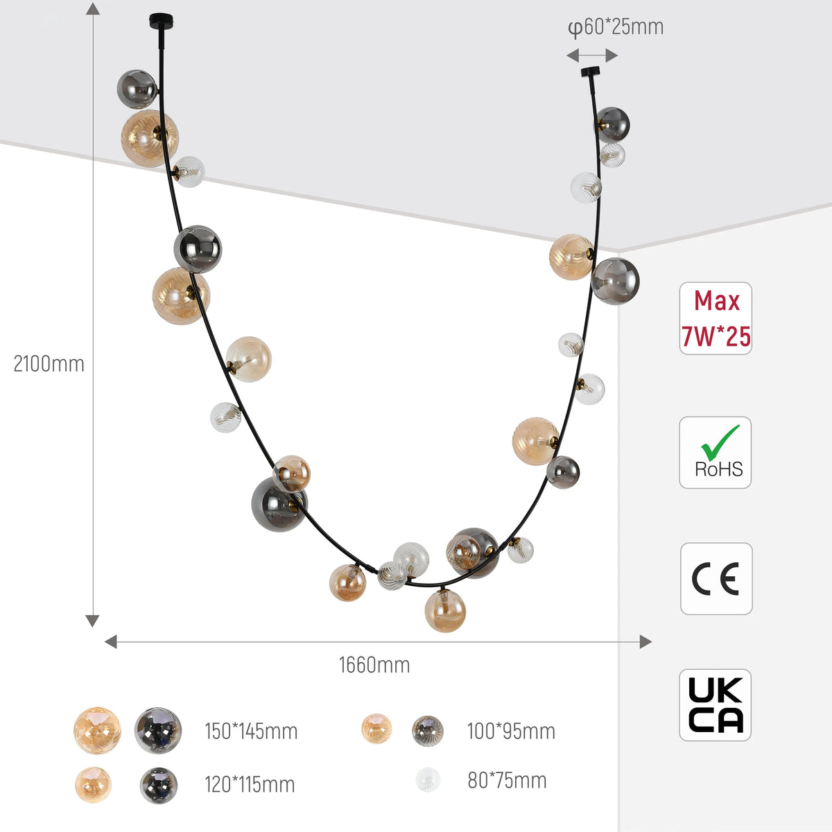 Modern chandelier with black cable & multi-coloured glass baubles in varying sizes. Dimensions and certification labels are displayed.