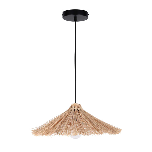 A stylish straw pendant light fixture with black ceiling rose and cable, providing subtle ambient lighting.